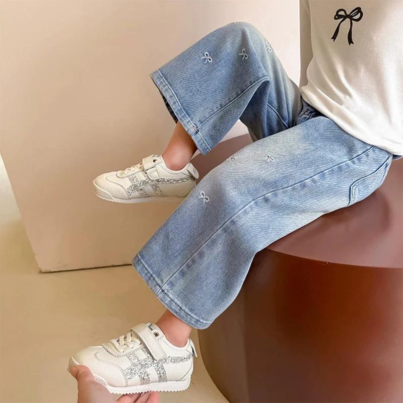 Pantalons en jean à jambes larges brodés avec un nœud pour filles