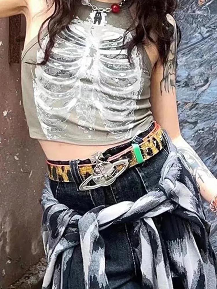 Punk Aesthetic Cyber Retro X-ray Skeleton Print Rib Sleeveless Vest ArmyGreen Crop Top Designer Clot
