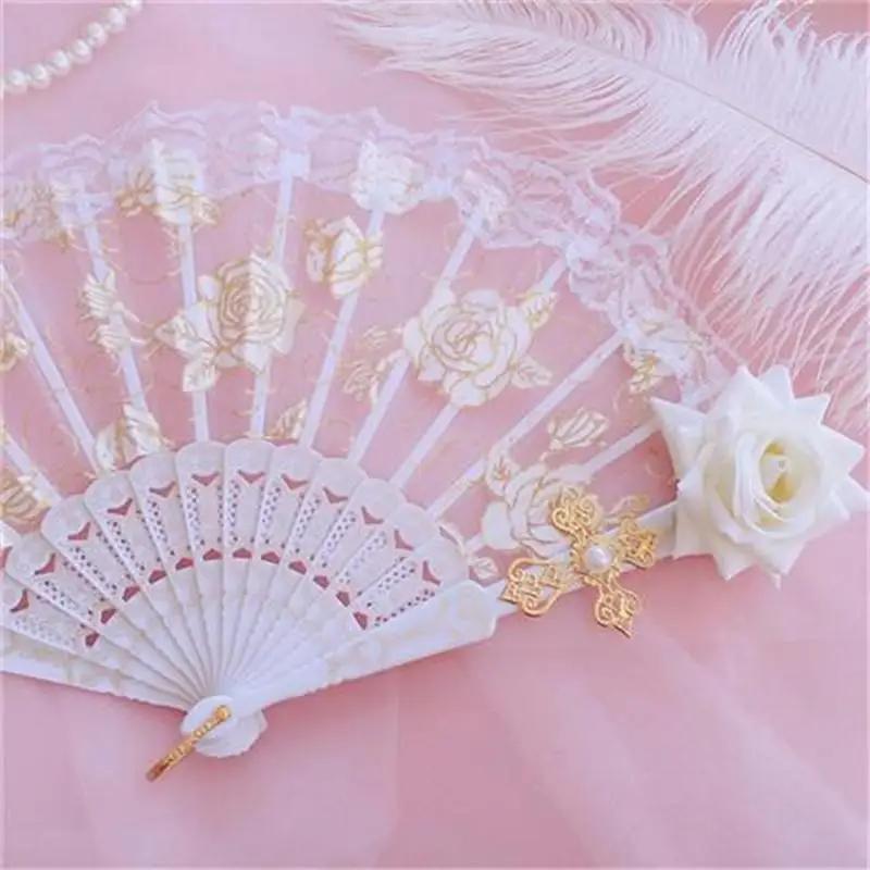 Éventail Gothique Lolita Victorien en Dentelle pour Femme, Vintage, Noir, Blanc, Rouge, Rose, Bambou