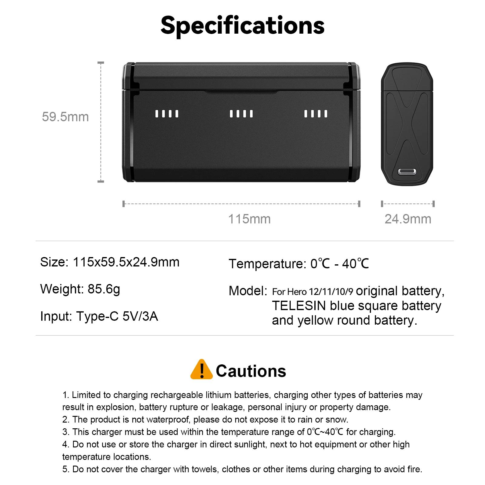 TELESIN 1750 mAh batterie d'endurance pour GoPro Hero 12 11 10 9 accessoires Gopro avec boîtier de b