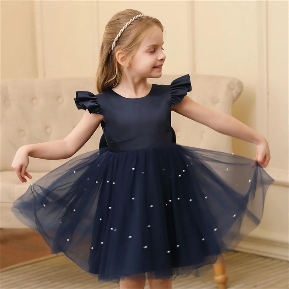 Robe en tulle bleu à dos nu pour petite fille, tenue de fête, princesse, avec nœud papillon