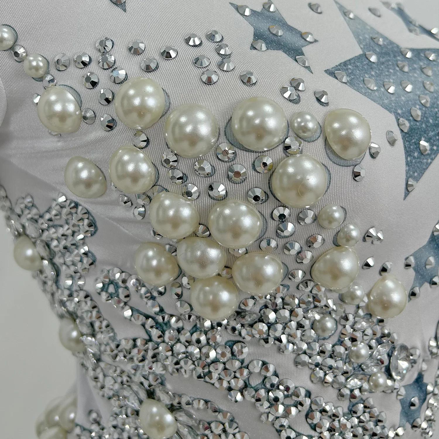 Justaucorps à Franges avec Strass et Grosses Perles pour Femme, Combinaison de Soirée à Long Pompon,