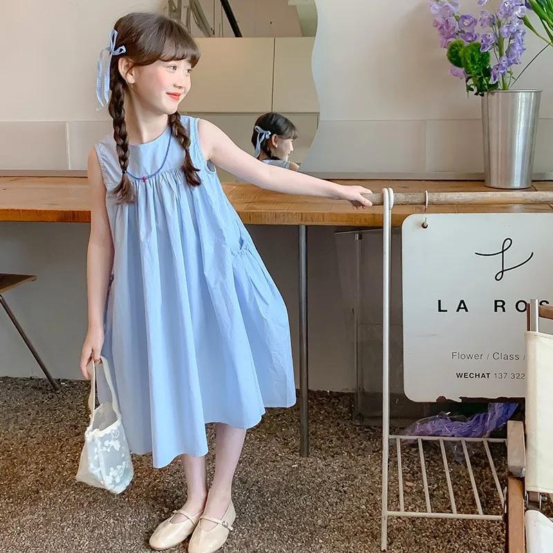 Robe d'été sans manches pour filles de 2 à 10 ans, couleur unie, grandes poches latérales, bleue, fr