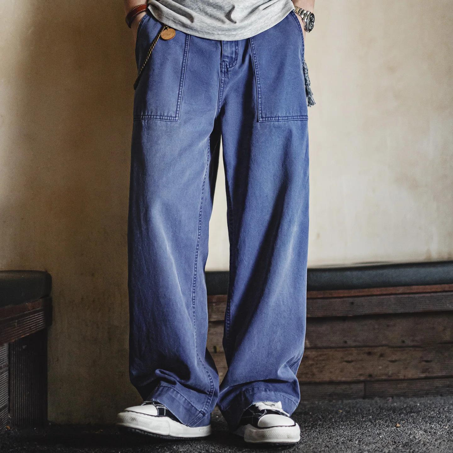 Maden – jean vintage en coton délavé pour hommes, pantalon de travail en toile bleue avec fermeture