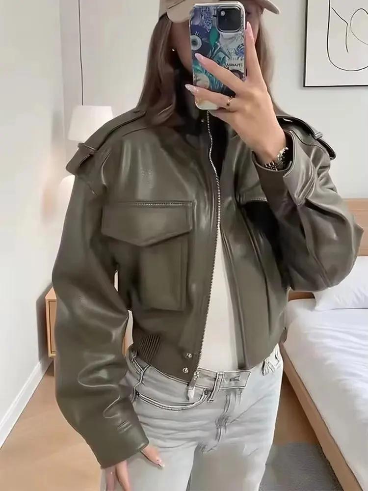 HH femmes Faux cuir recadrée veste vintage Bomber vestes avec poches à manches longues manteaux ferm