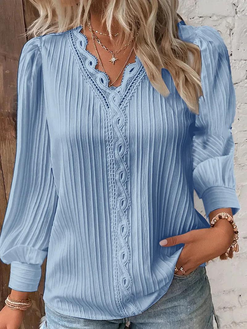 Élégant été dentelle creuse Patchwork femmes chemise Chic Blouse col en V à manches longues chemise