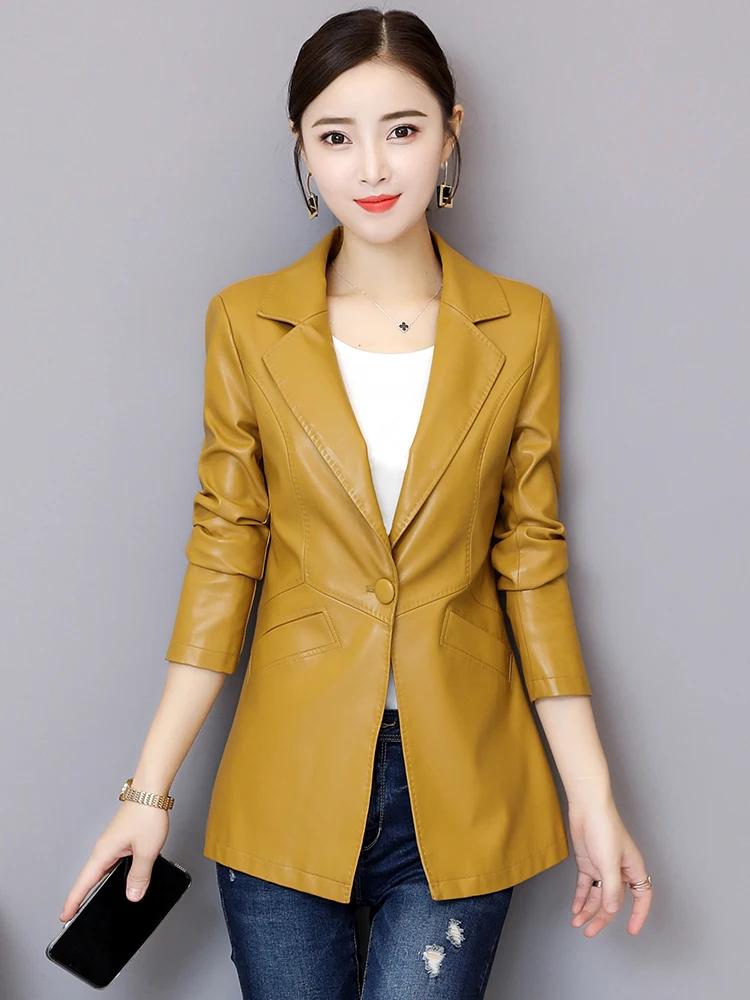 Nouveau Femmes Veste en cuir Automne Hiver Mode Classique Bouton unique Slim Blazer en cuir de mouto