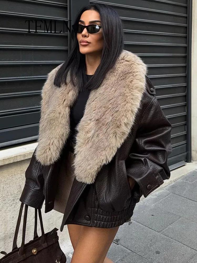 TFMLN 2025 hiver femmes veste en simili cuir ample mode retiré grand col de fourrure manteau décontr