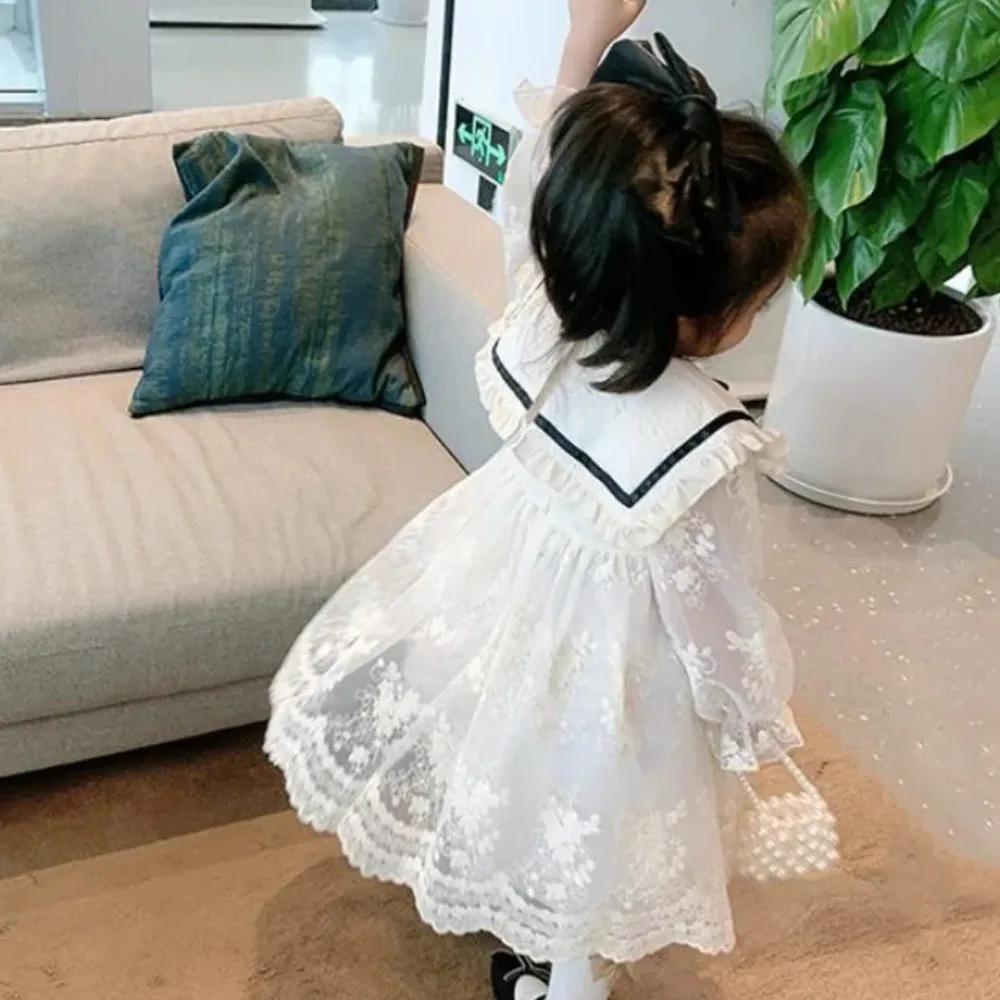 Robe coréenne à fleurs Beige pour filles, avec nœud en dentelle, manches longues, décoration pour ad