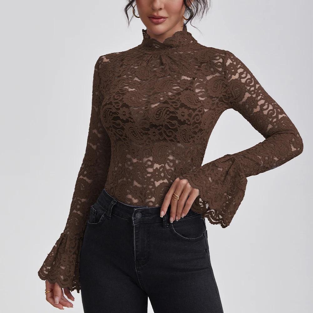 Anfilia femmes chemises en dentelle col roulé élégant Flare manches longues évider coupe ajustée Cro
