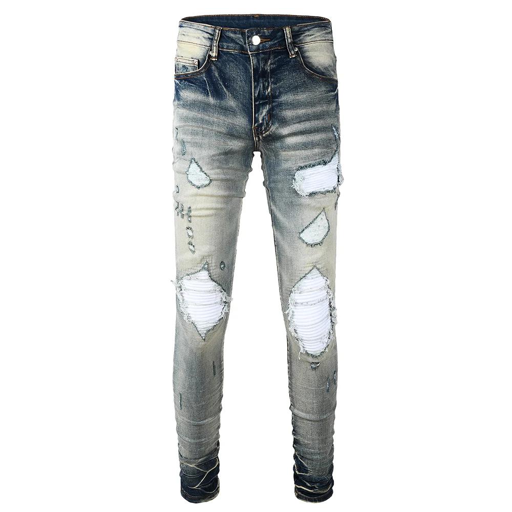 Jean de motard bleu clair pâle pour hommes, Patch plissé craquelé, pantalon en Denim extensible, Str
