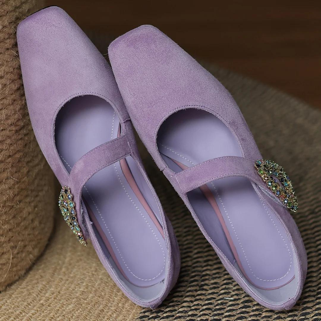 Escarpins Mary Jane à enfiler en cuir suédé naturel pour femmes, boucle en cristal, bout carré, talo
