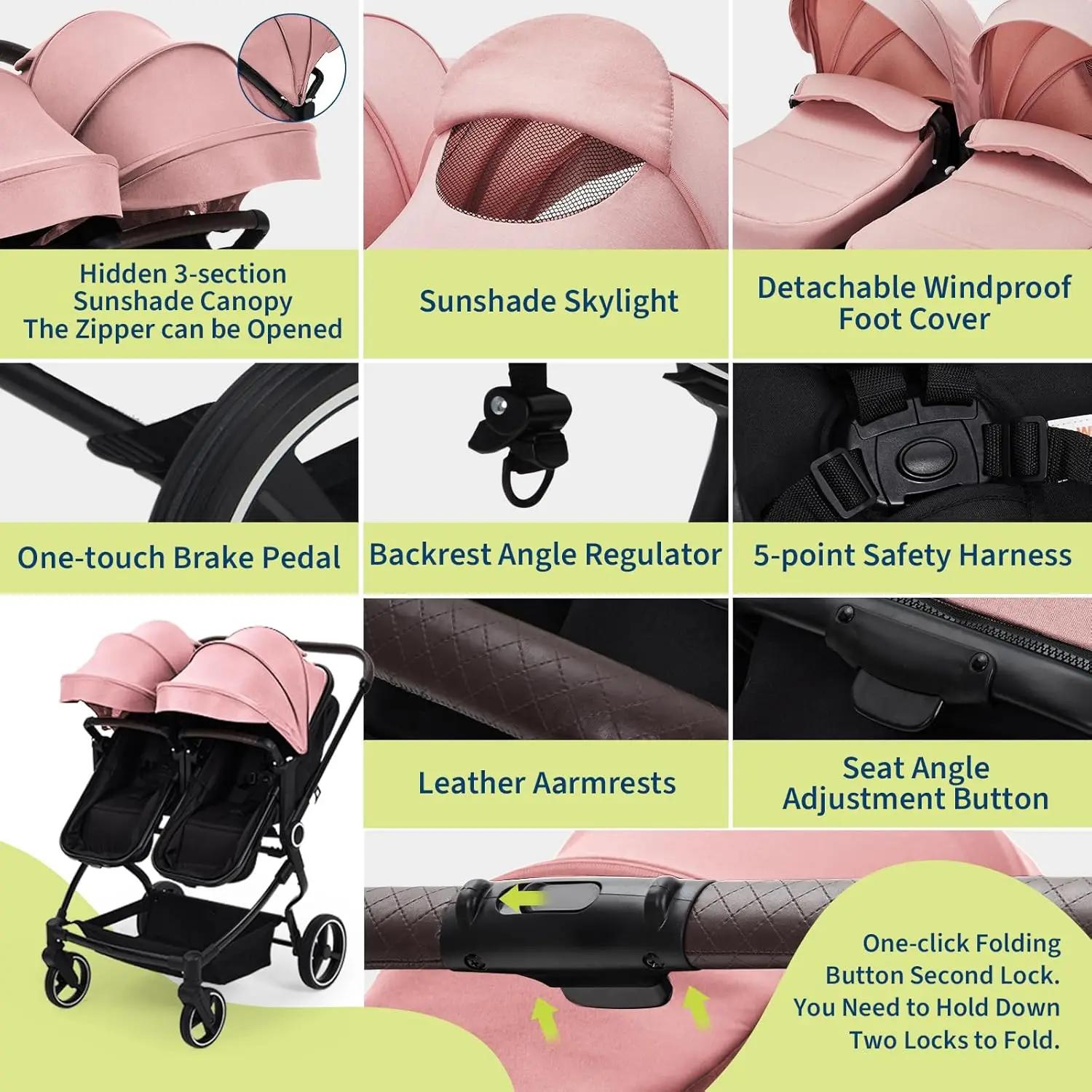 Poussette double côte à côte pour jumeaux, poussette de voyage légère et compacte pliable avec siège