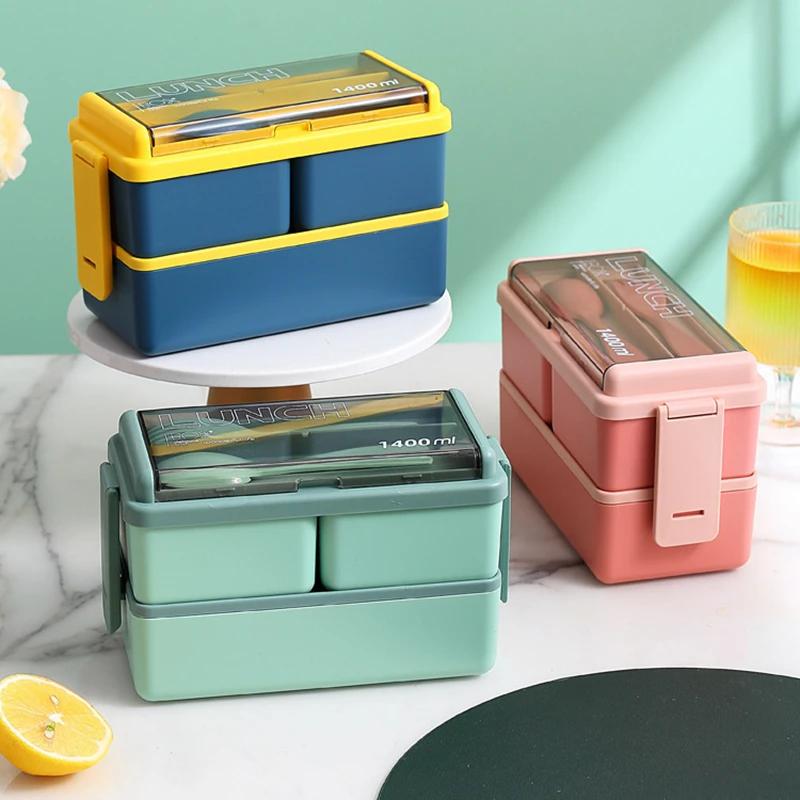 Boîte à déjeuner Portable Double couche pour enfants, avec fourchette et cuillère, boîtes à Bento po