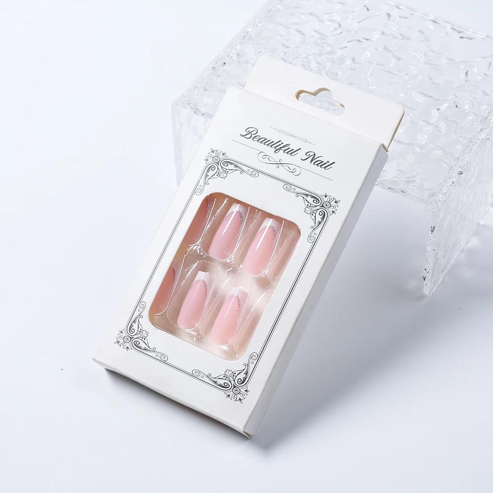 Faux ongles cercueil carrés courts, 24 pièces, à paillettes françaises, portables, couverture complè
