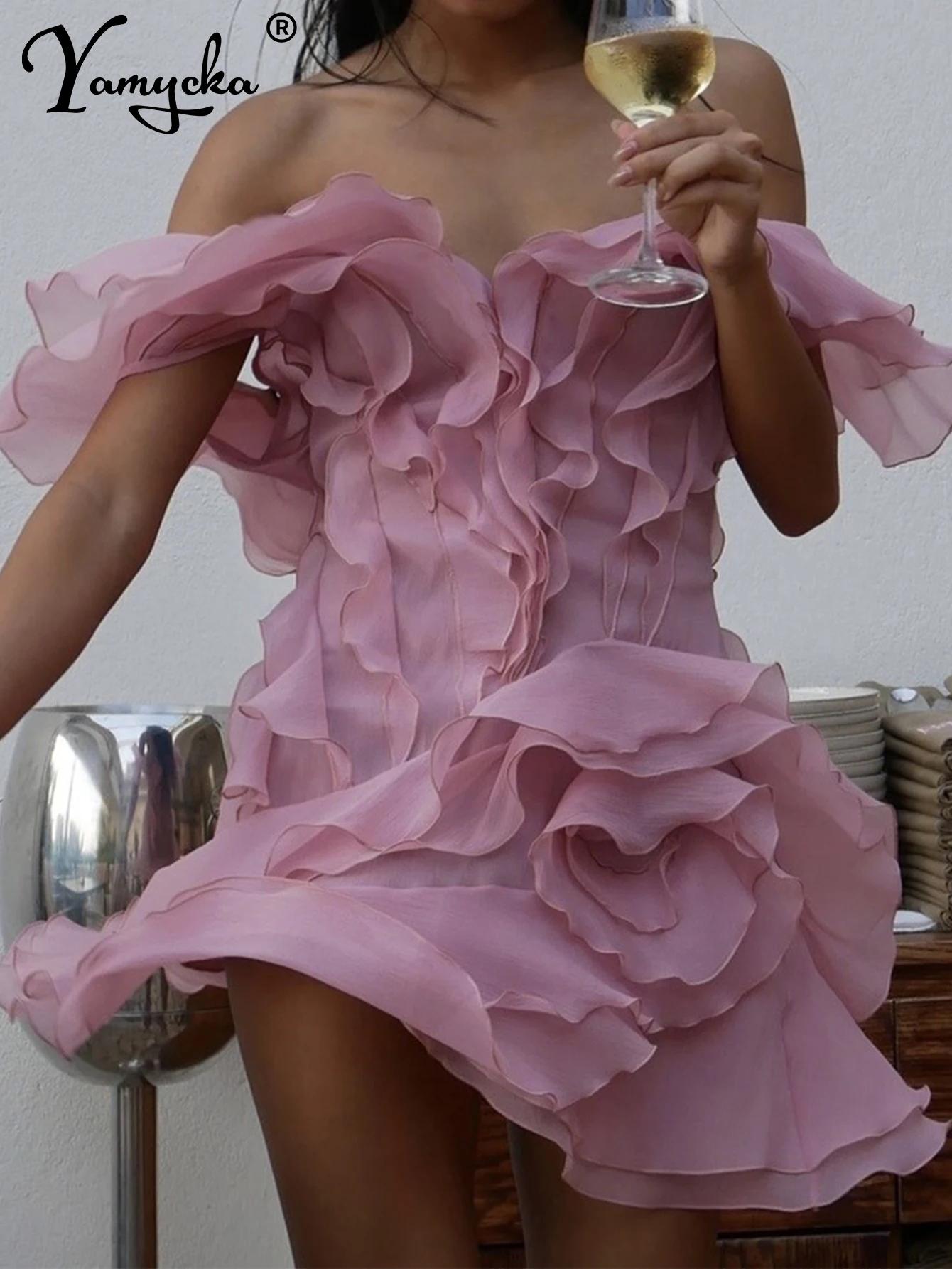 Mini robe d'été sexy en maille, dos nu, à volants, courte, tenue de soirée, vacances, Rh, anniversai