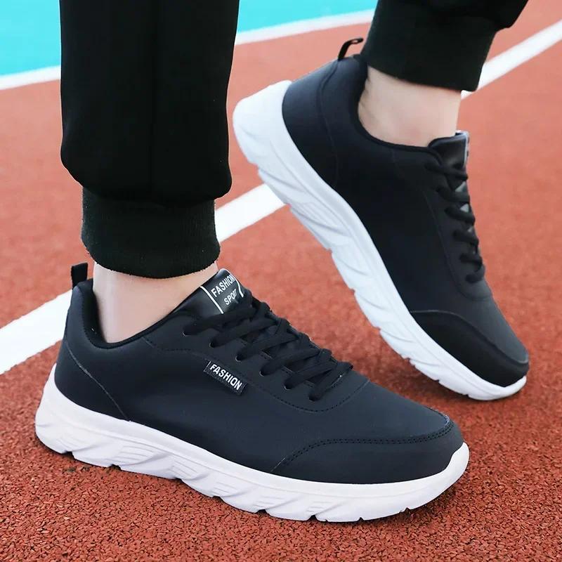 Chaussures de course légères larges en cuir noir pour homme - Baskets plates confort décontracté