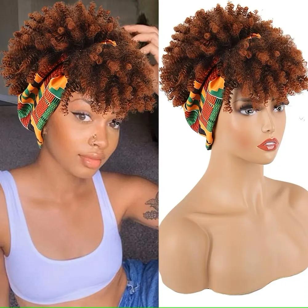 Perruque bandeau courte crépue bouclée Blonde ombrée Afro perruque bandeau bouclée avec frange pour