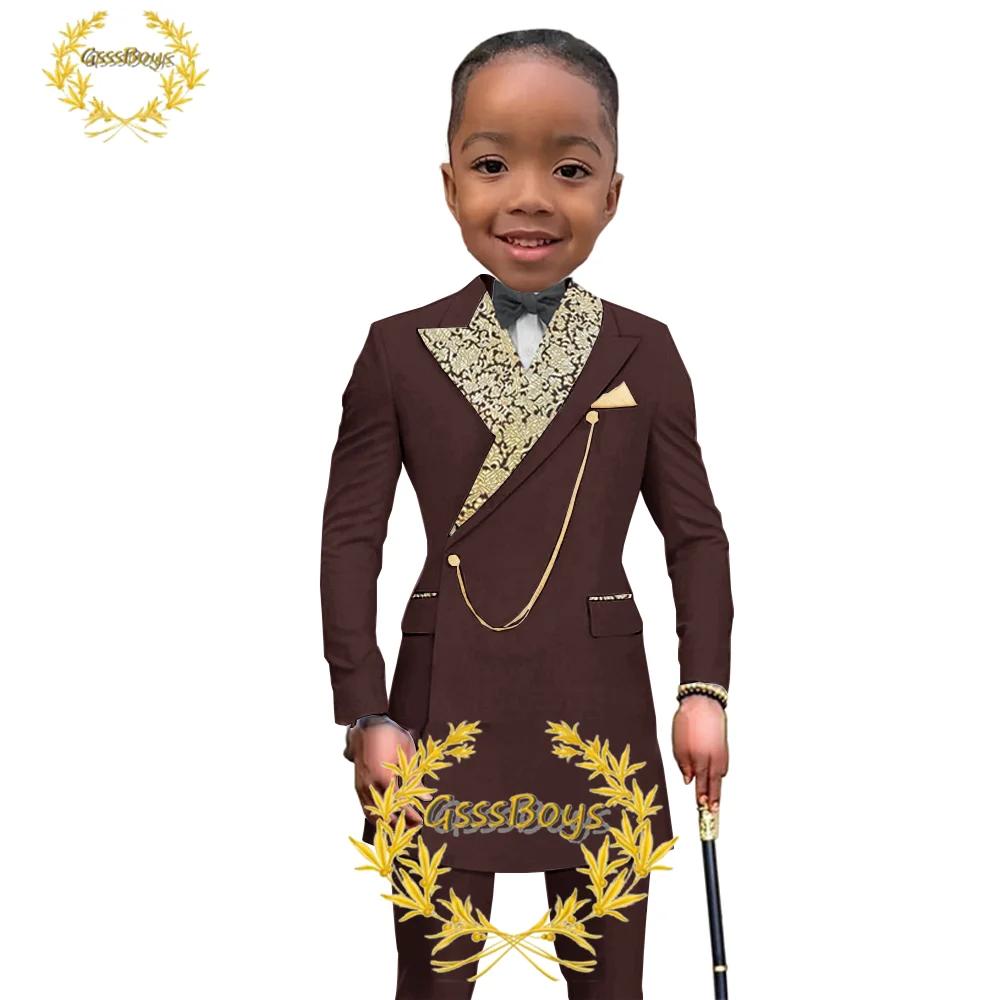 Veste et pantalon de style africain pour garçons, blazer long imbibé pour enfants, smoking de fête d