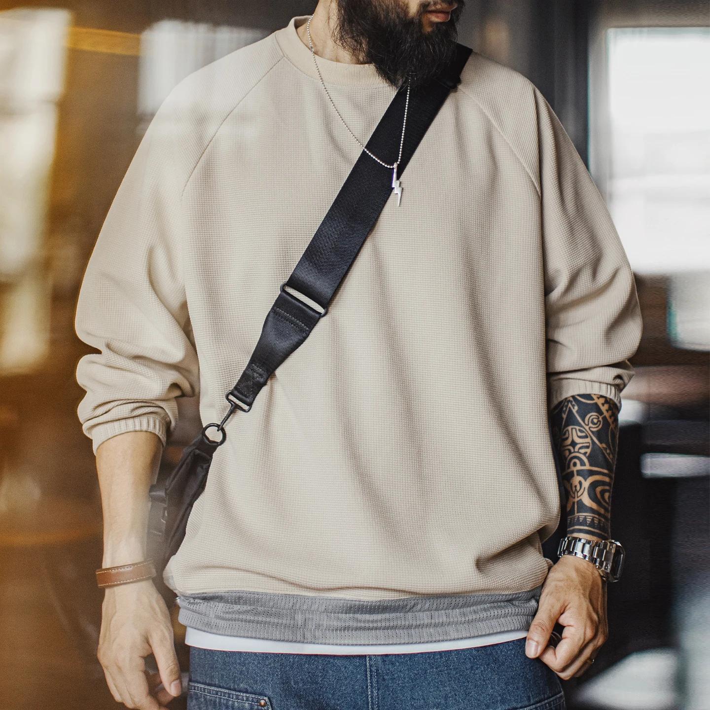 Maden Sweat-shirt décontracté en tissage gaufré pour homme Coupe ample Pull à col rond Ourlet à cord
