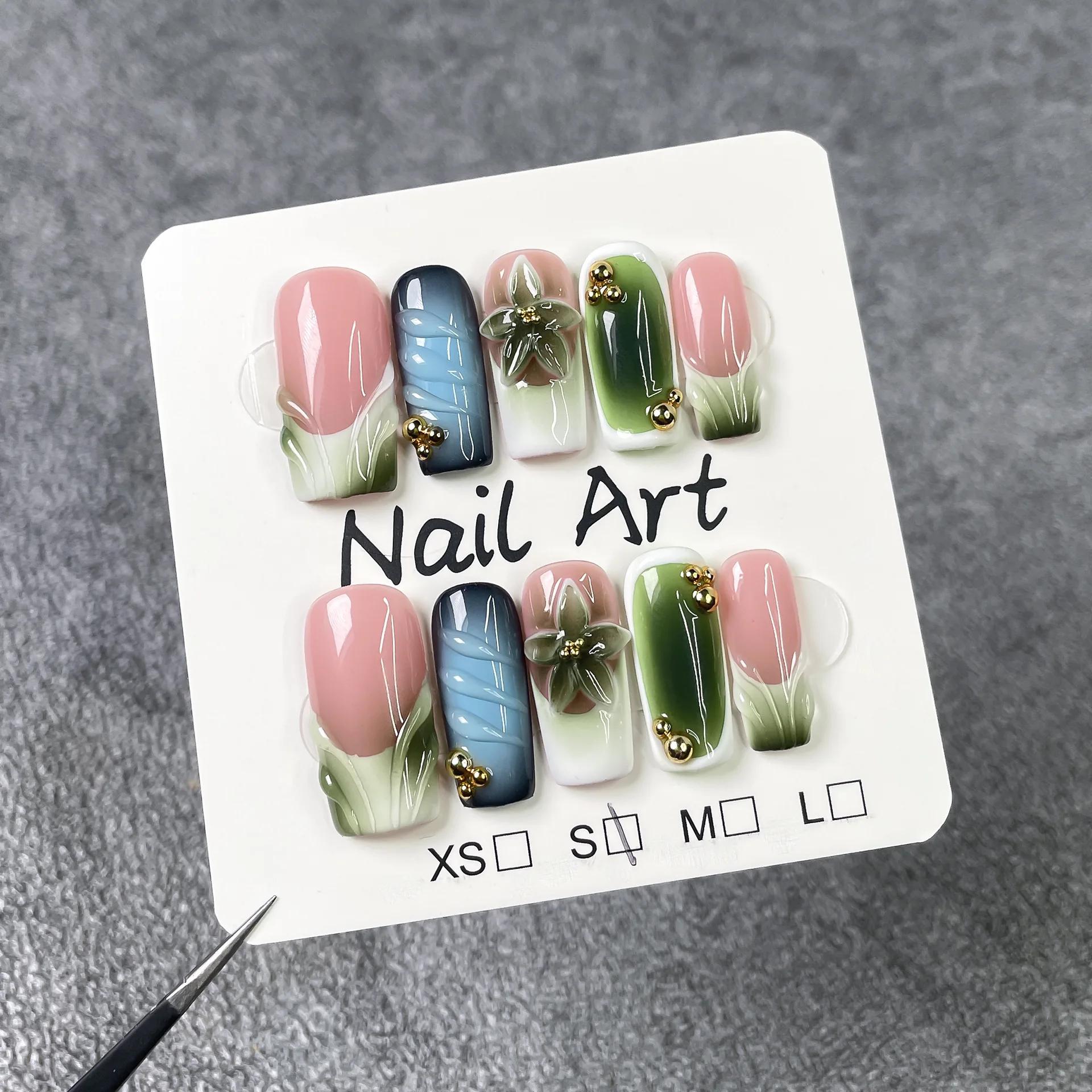 10 pièces 3D fleur verte à la main presse sur ongles français faux ongles portable ongles à coller f