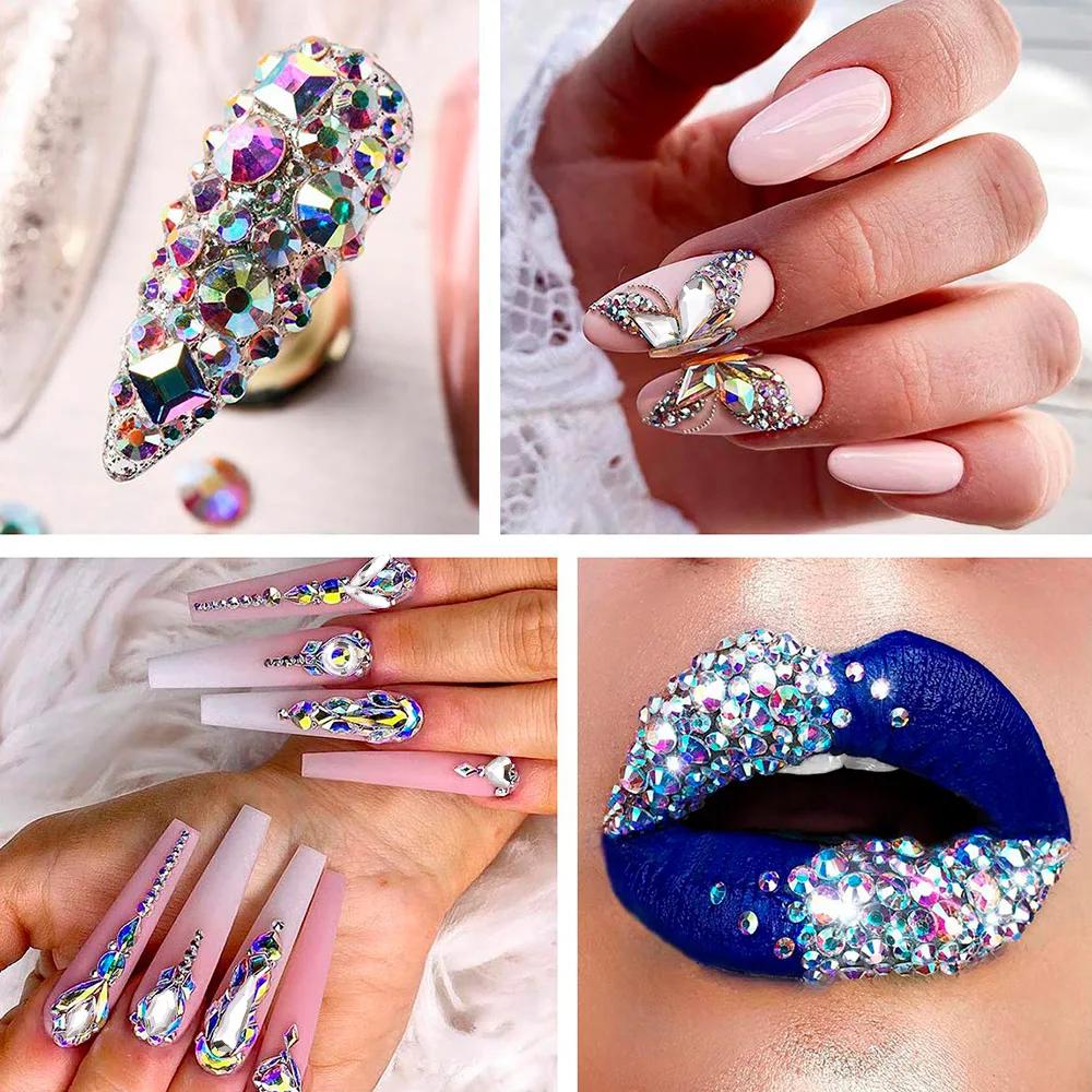 1 boîte de Strass pour ongles en cristal AB multi-tailles, pierres précieuses en diamant clair à fon