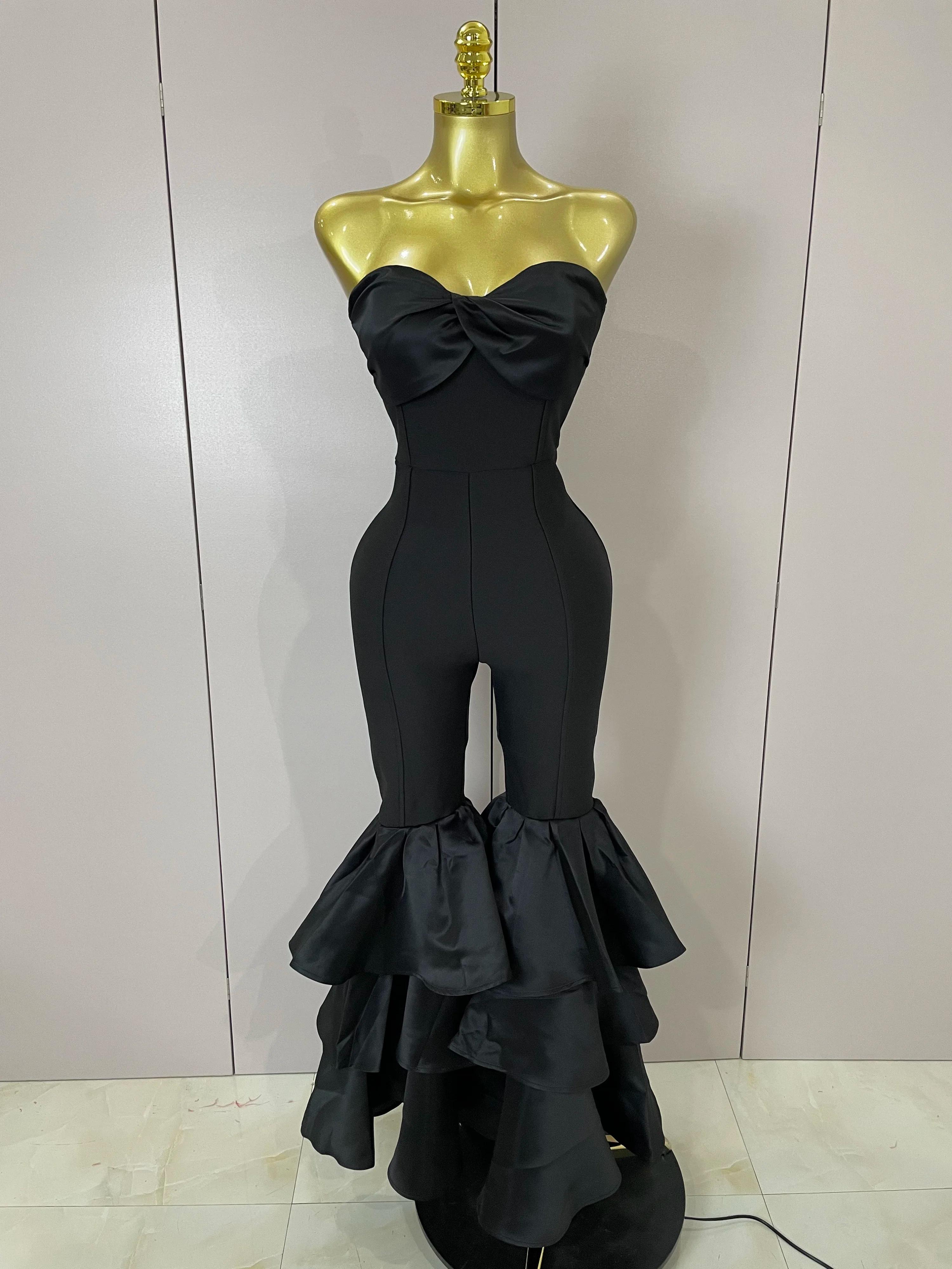 Luxe anniversaire Sexy bretelles noir volants moulante Flare Bandage combinaison 2025 femmes célébri