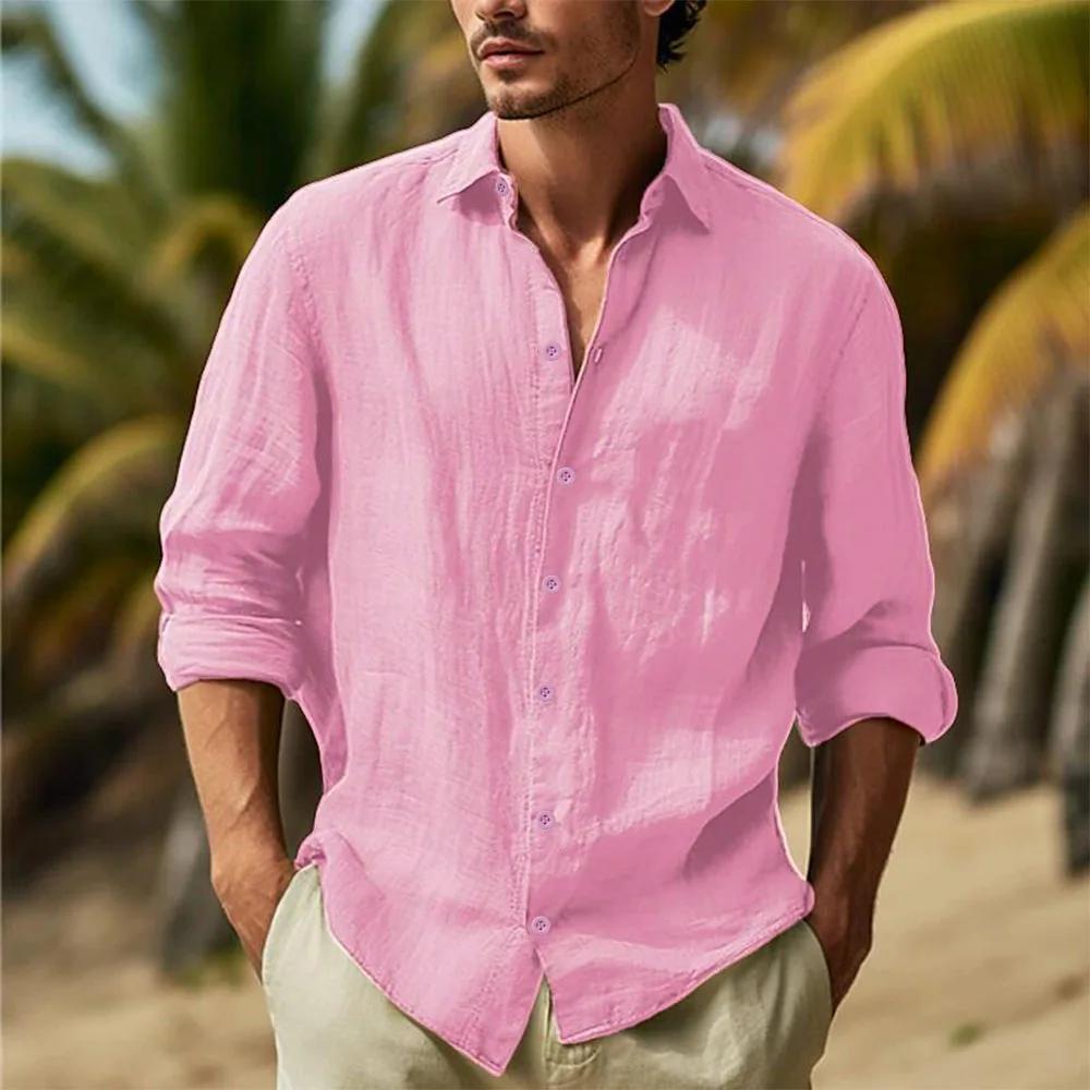 Chemises en coton et lin pour hommes, col rabattu, chemise hawaïenne solide, légère et respirante, c