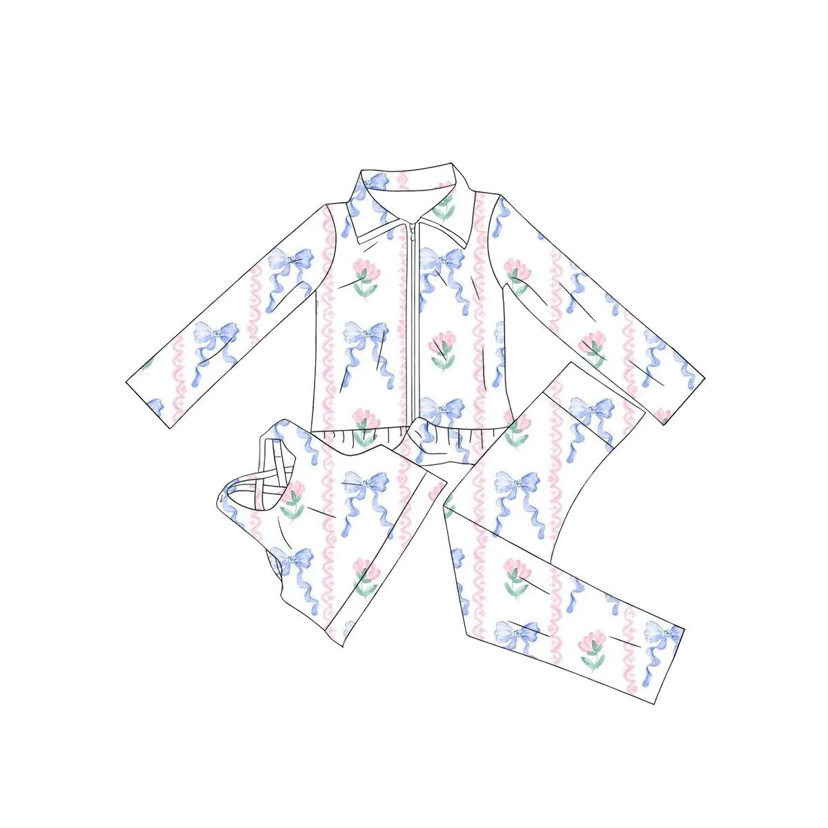 Vente chaude enfants vêtements pétoncle école fille deux pièces vêtements à volants arc Boutique fil