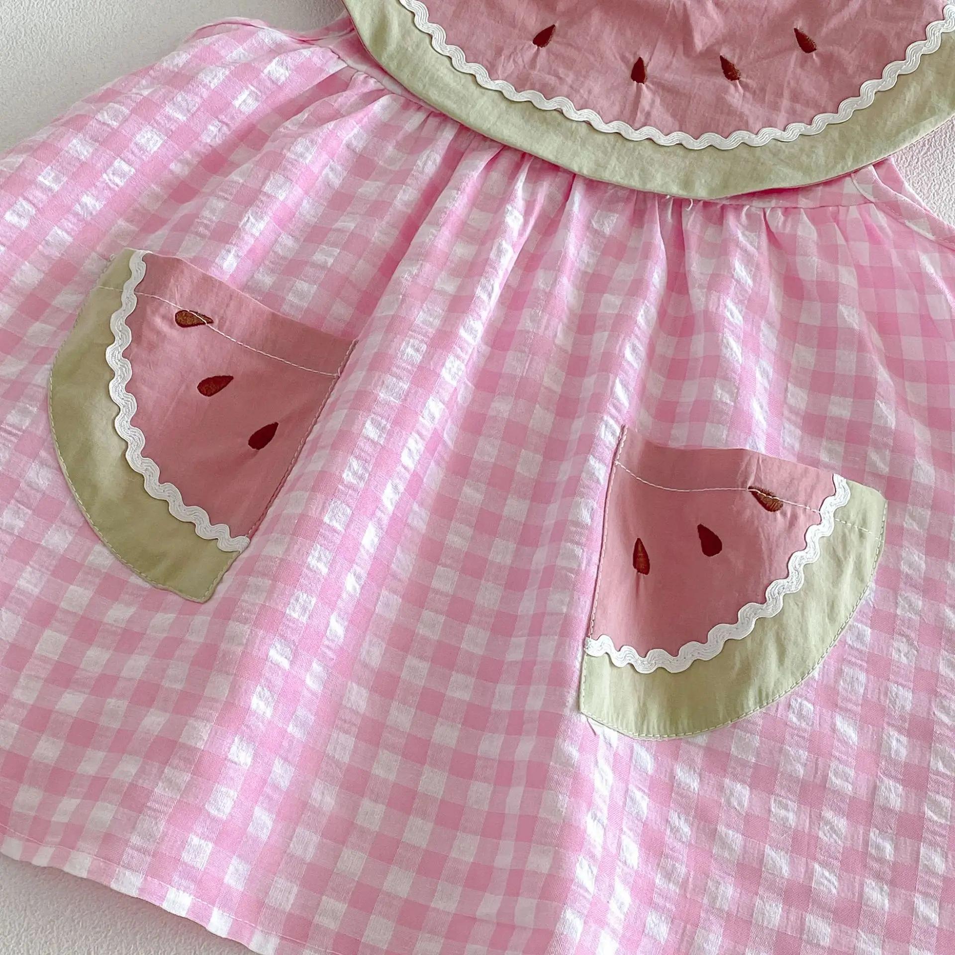 Nouvelle Robe d'été 2026 pour Enfants, Style Doux, Rose à Carreaux Pastèque, Sans Manches, Légère, V