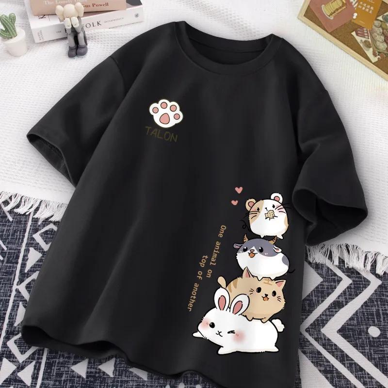 Japonais mignon Hamster Style doux imprimé usage quotidien à manches courtes T-shirt femmes ample dé