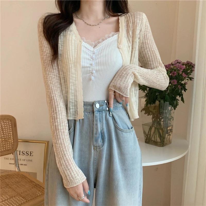 Cardigan à manches longues pour femmes, T-shirt à col en V, T-shirt mince, Superposition simple, Déc