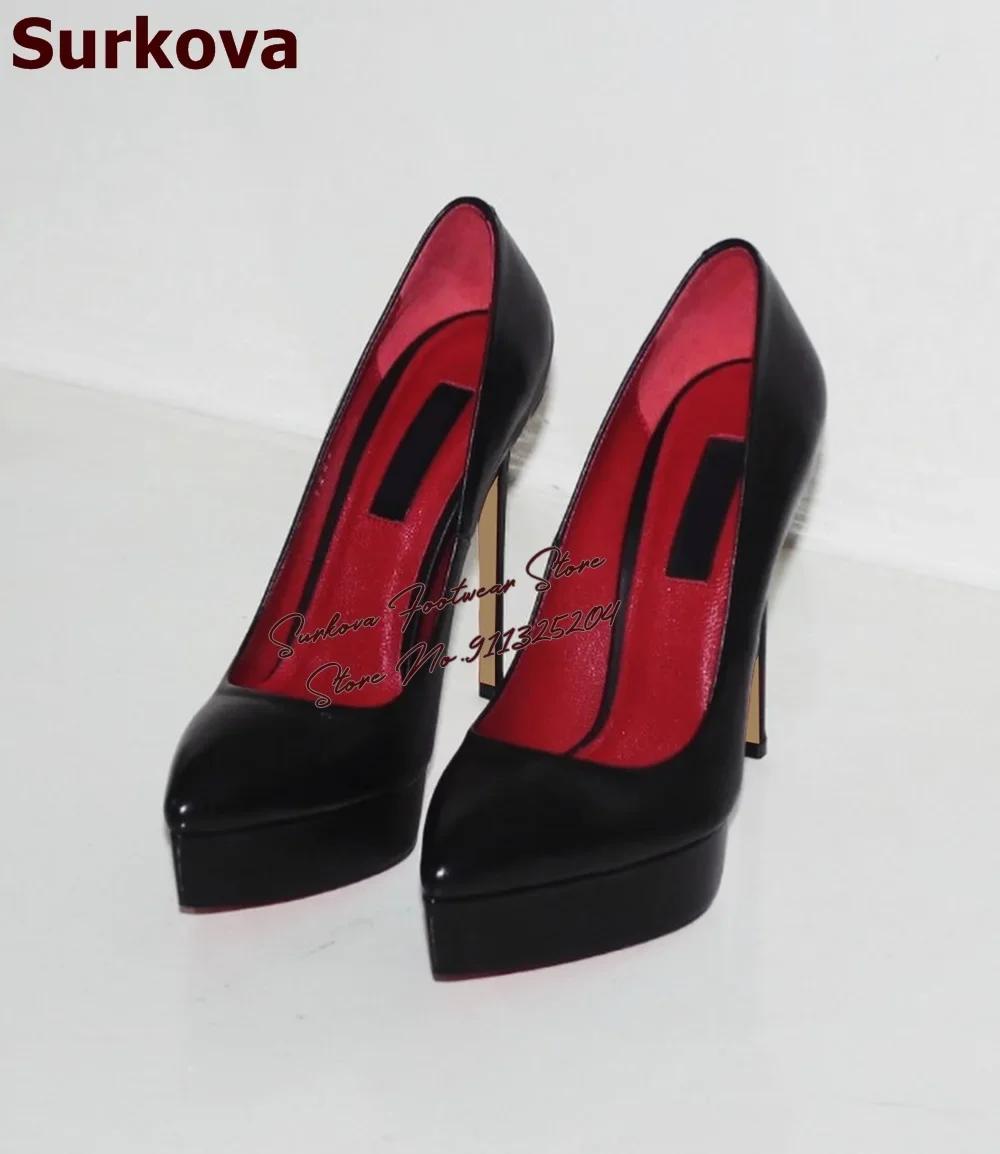 Surkova noir mat talon haut plate-forme robe pompes bout pointu sans lacet Banquet chaussures rouge
