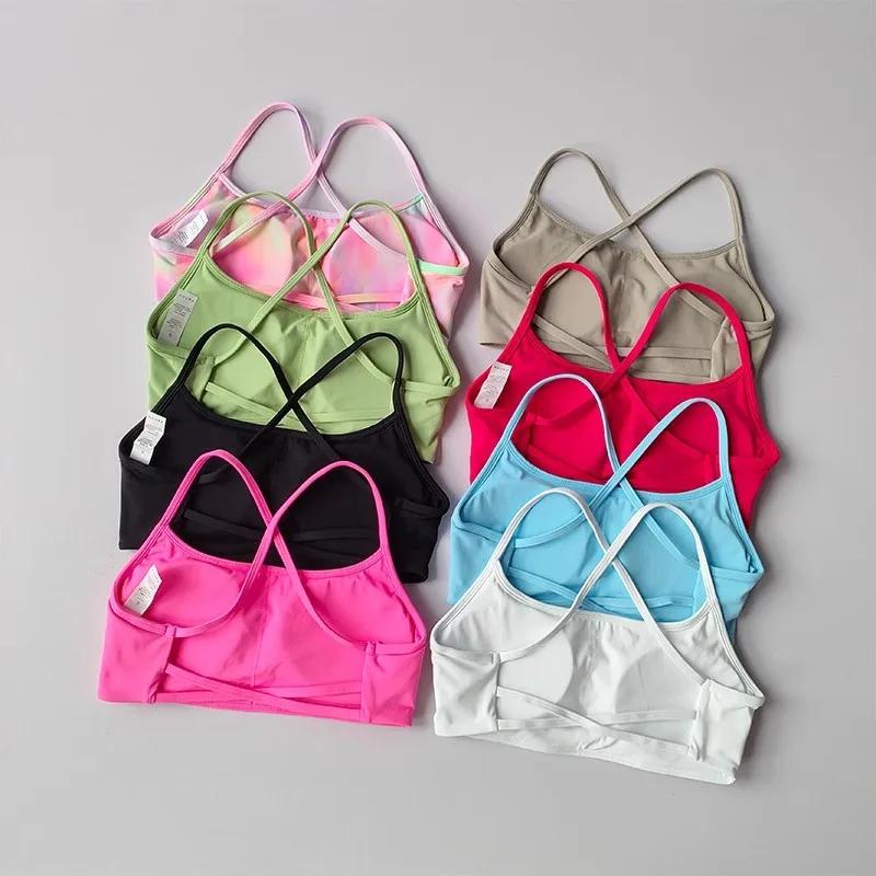 Soutien-gorge de Fitness de couleur unie pour femmes, dos croisé doux, haut de Sport avec coussinet