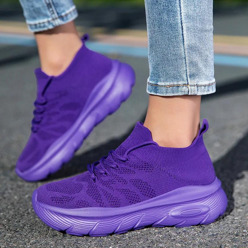 Mode tricot violet femmes chaussettes chaussures confort plate-forme chaussures de sport femmes form