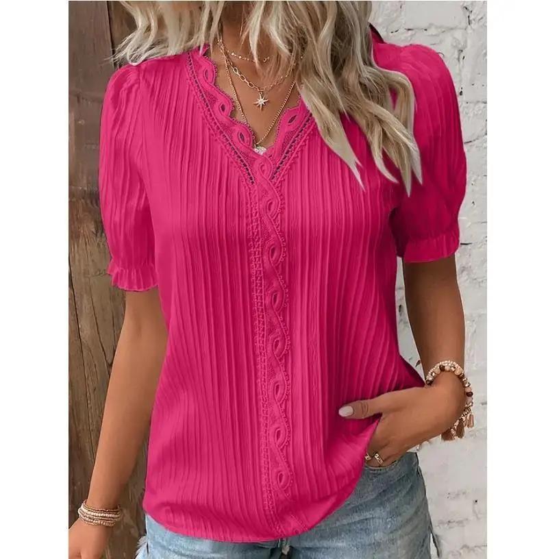 Chemisier élégant à manches courtes pour femme, chemise col en V, patchwork de dentelle, été