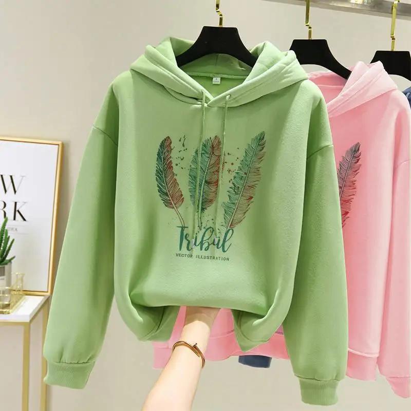 Sweat à capuche imprimé plumes pour femmes, mode automne hiver, Plus velours, décontracté, ample
