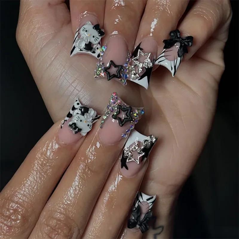 Faux ongles à pression pour chaton noir et blanc, 24 pièces, carrés, amovibles, portables, faits à l