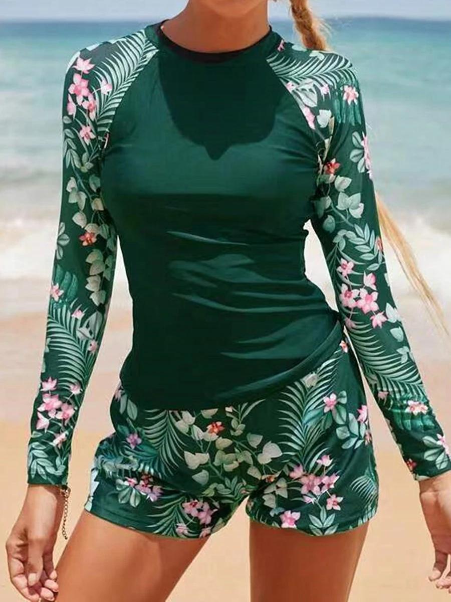 Maillot de bain surf manches longues 2026 femme - Imprimé deux pièces plongée plage
