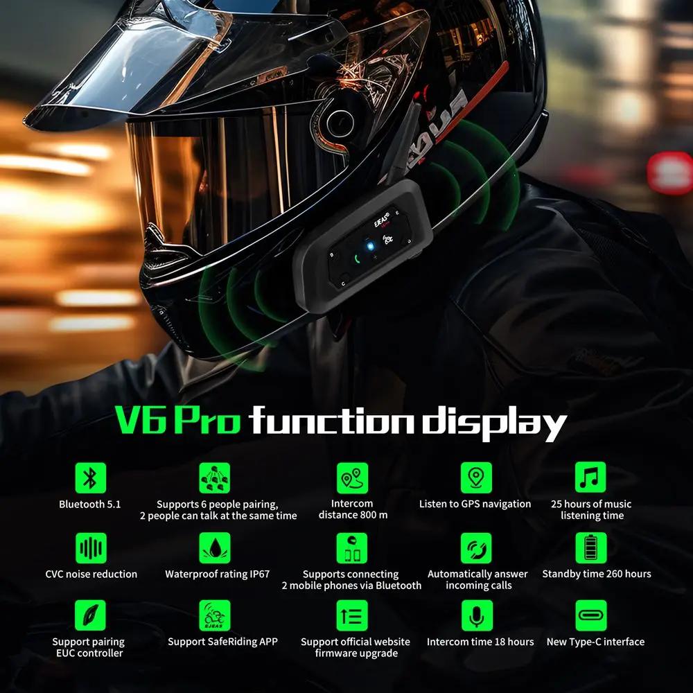 EJEAS V6 PRO + Moto Interphone Casque Bluetooth Casque 6 Coureurs 800m Communicateur Étanche V5.1 Mu