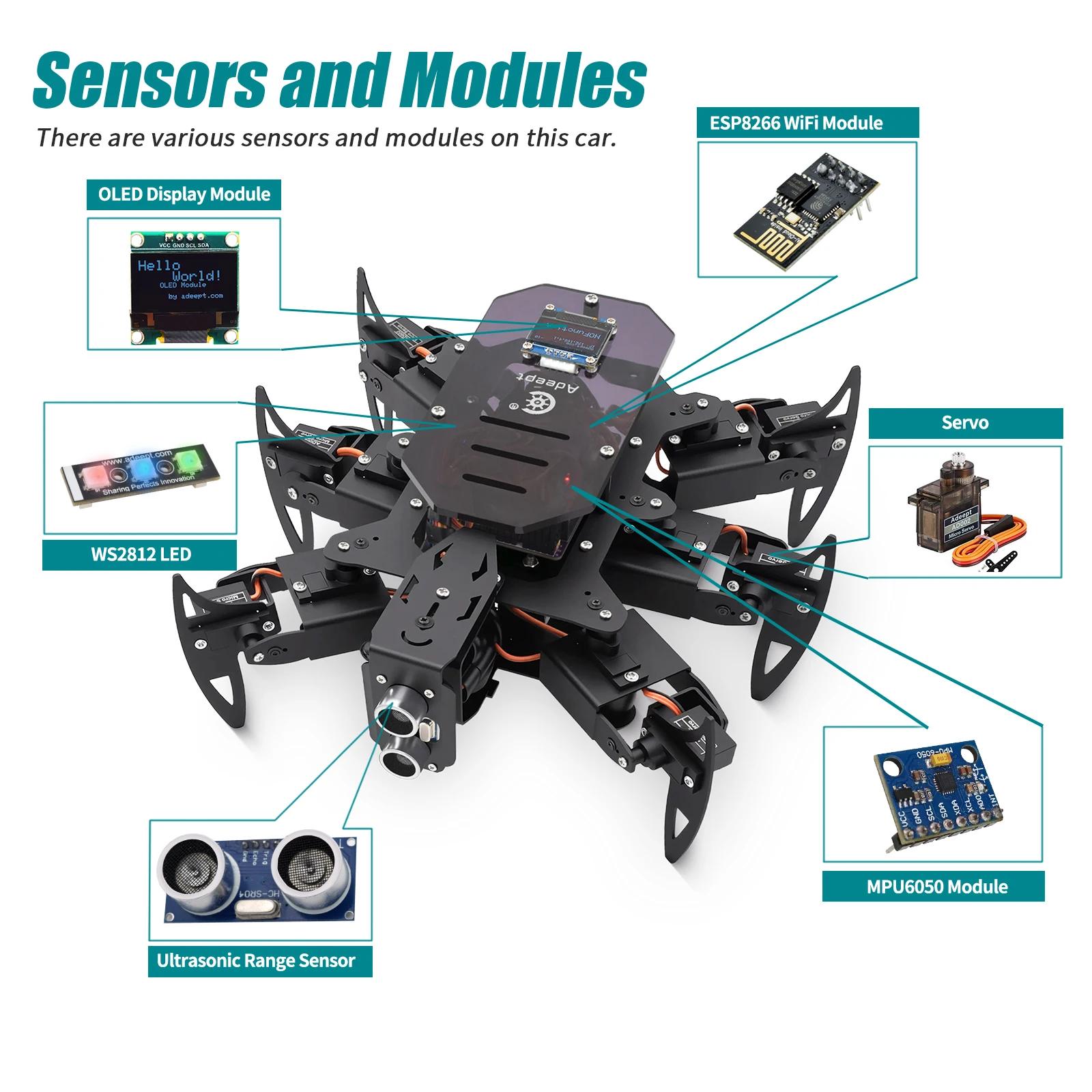 Adeept Ultimate Hexapod Spider Robot Kit, corps métallique, programmation Arduino, télécommande WiFi