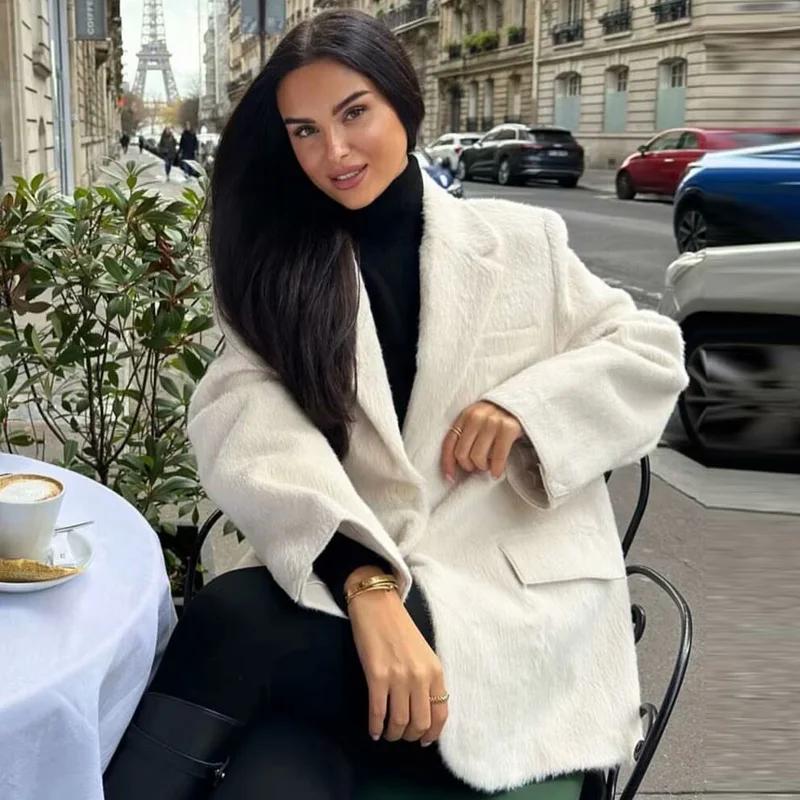 HXAO 2025 femmes Blazer fausse fourrure manteaux vêtements d'extérieur femme printemps vestes blanc