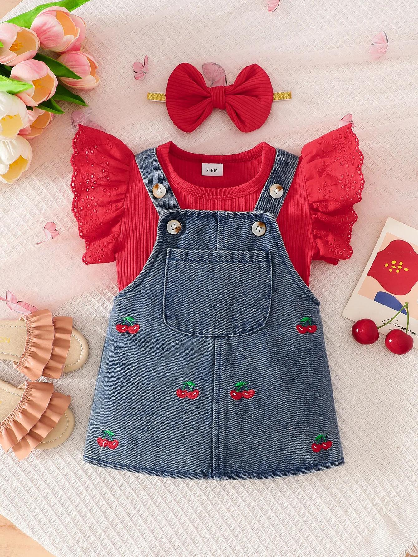Ensemble Salopette en Jean Brodé Cerises pour Bébé Fille, Combinaison à Manches en Dentelle Creuse,