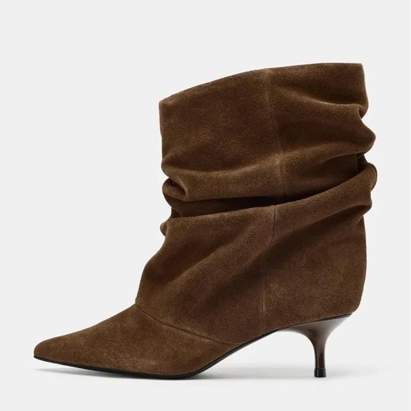 Aneikeh hiver Style De rue bout pointu bottines Femmes plissé bottes courtes Femme rétro concepteur