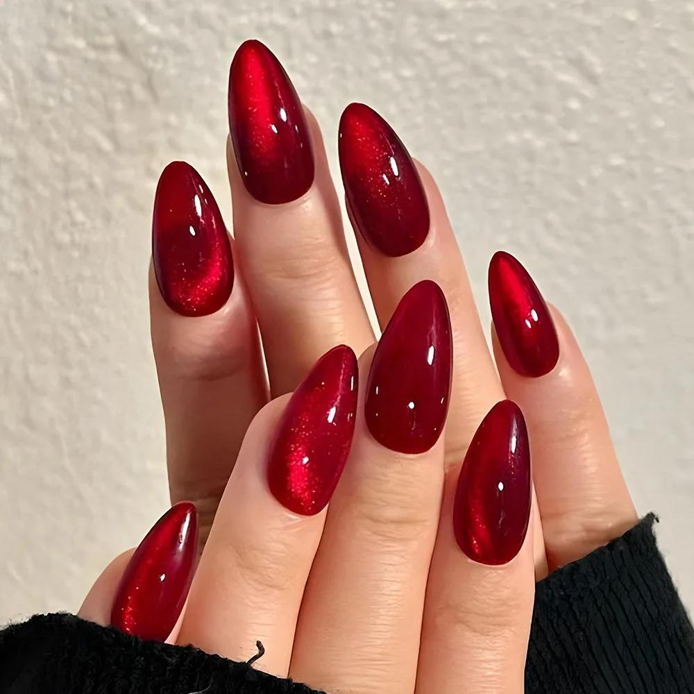 24 pièces brillant rouge oeil de chat presse sur ongles couverture complète couleur nue portable ama