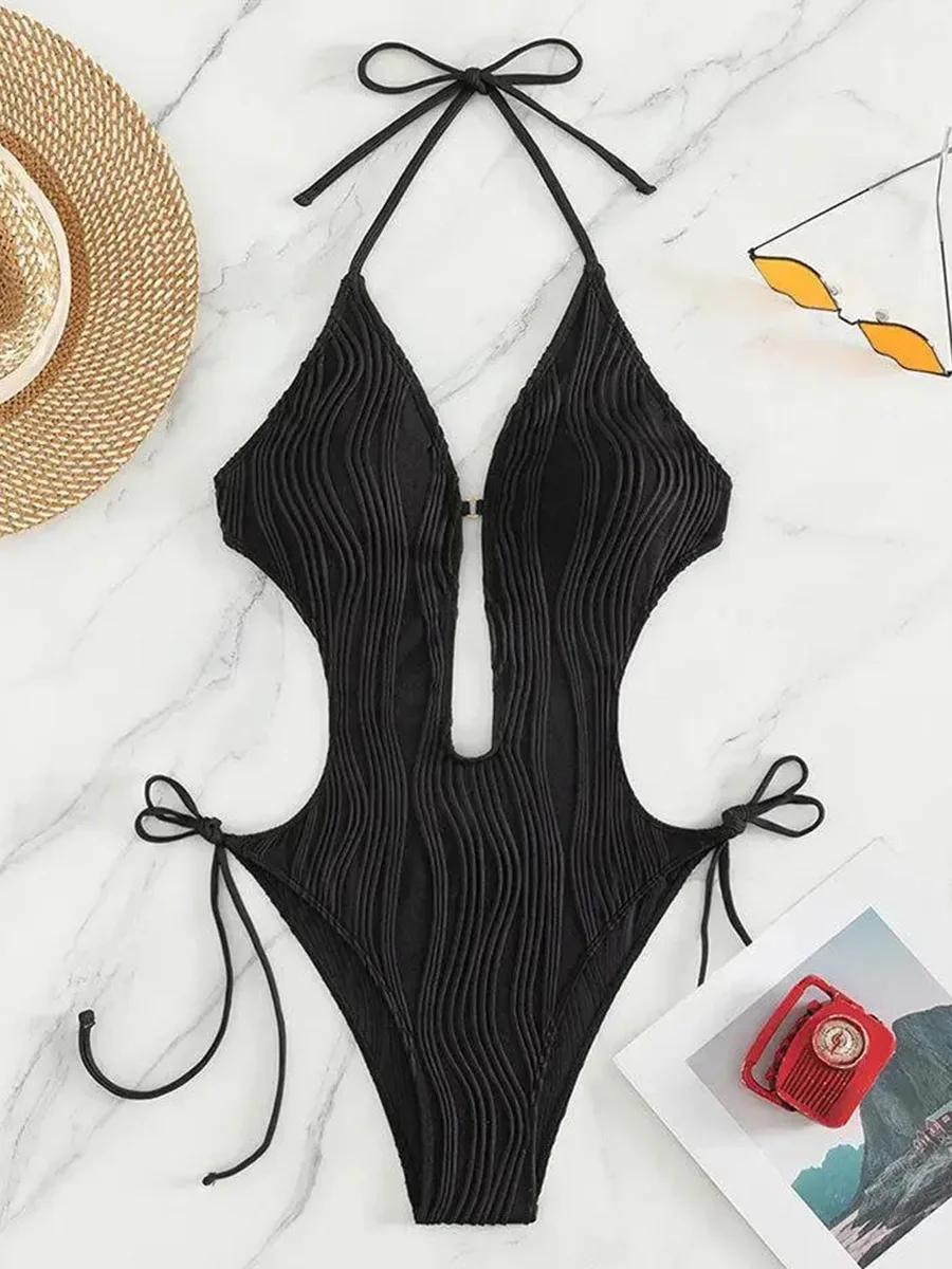 Maillot de bain une pièce pour femmes, sexy, col en v déformé, monokini, échancré, tenue de plage