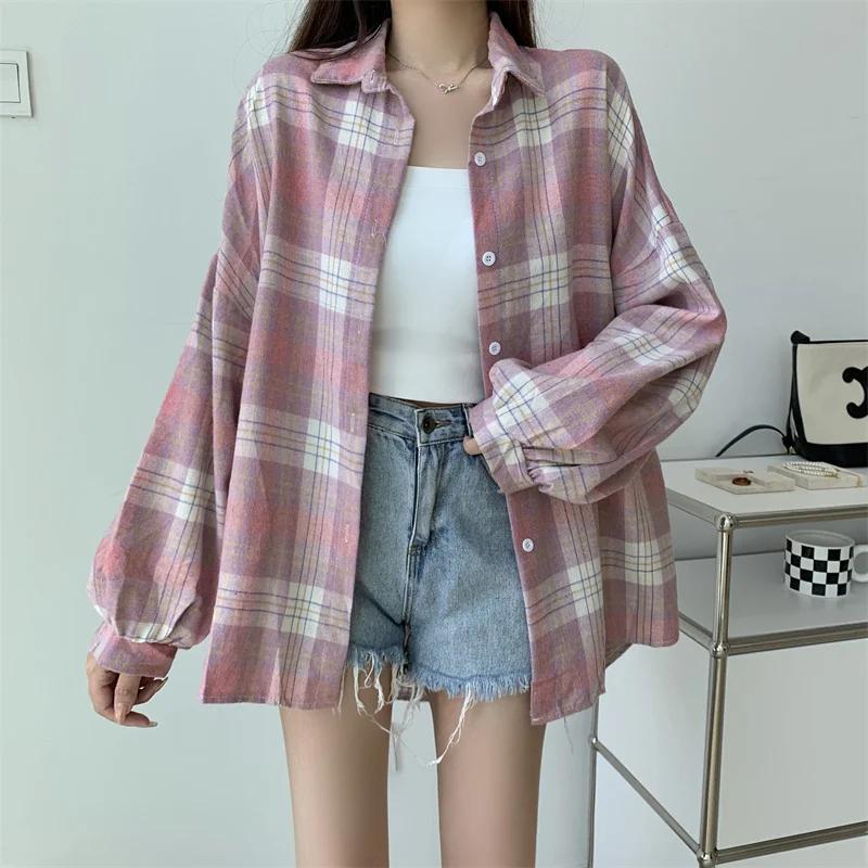 Chemise Tartan à manches longues pour femmes, col boutonné, surdimensionnée, à carreaux, veste Grung