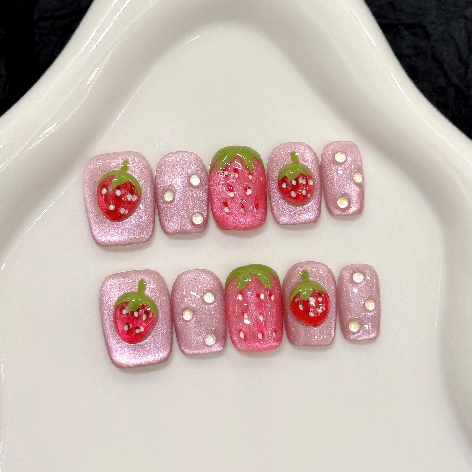 10 pièces mignon rouge fraise presse sur ongles rose nœuds papillon fleur perle décor français à la