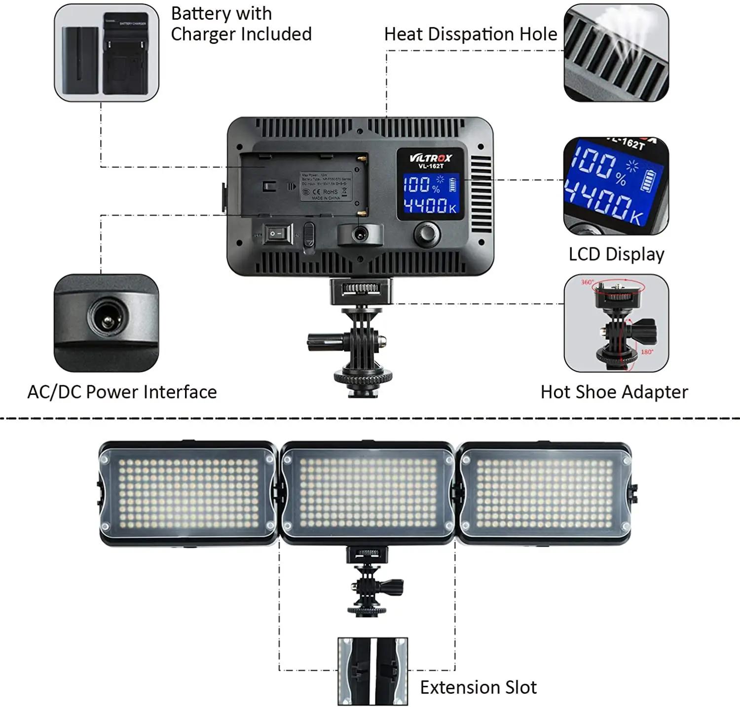 VILTROX VL-162T lampe vidéo LED Portable CRI95 +, VL-162T, panneau d'éclairage pour appareil Photo,