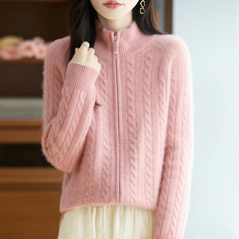 Cardigan 100% laine mérinos avec fermeture éclair pour femme, pull à câble épais, tricot chaud, vête